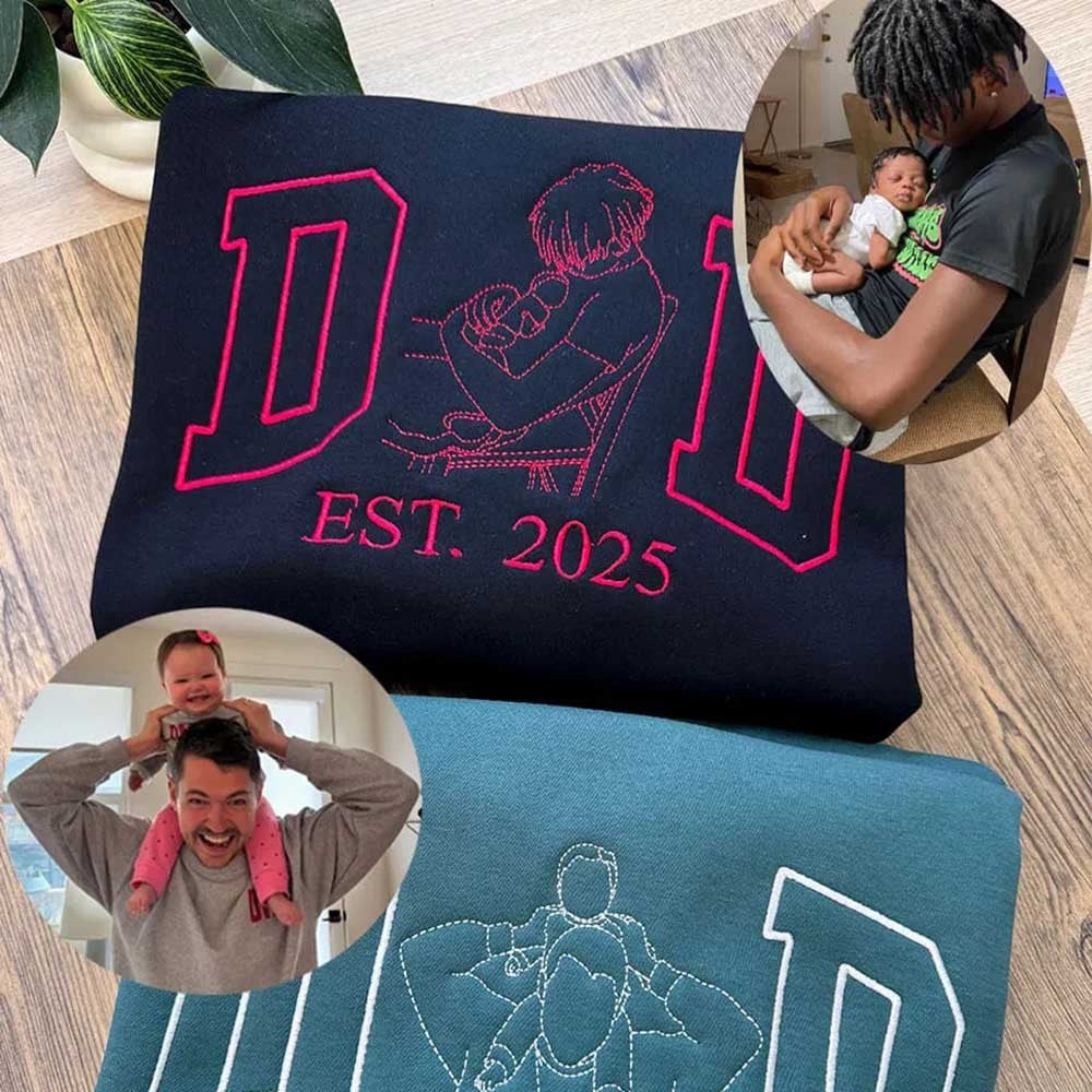 Individuelles Papa-Porträt, besticktes T-Shirt & Hoodie – Personalisierte Fotokontur zum Vatertag oder Geburtstag