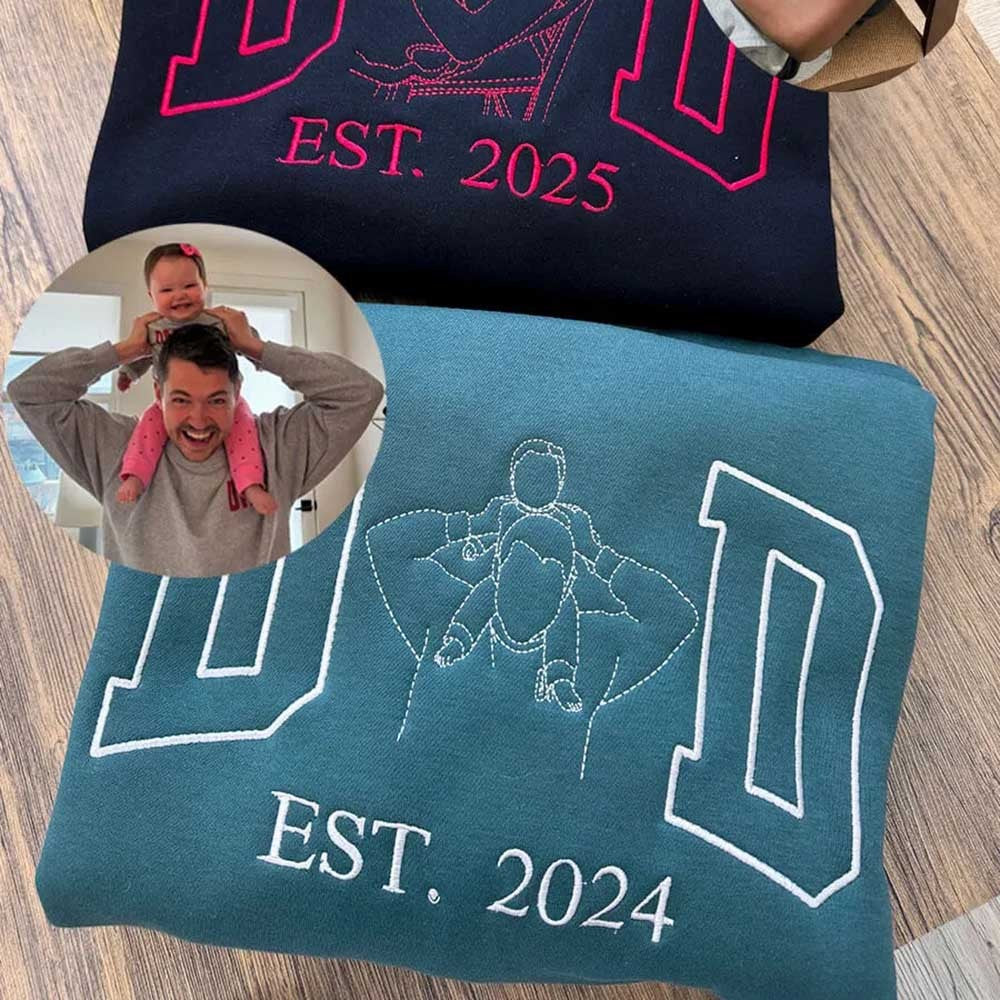 Individuelles Papa-Porträt, besticktes T-Shirt & Hoodie – Personalisierte Fotokontur zum Vatertag oder Geburtstag