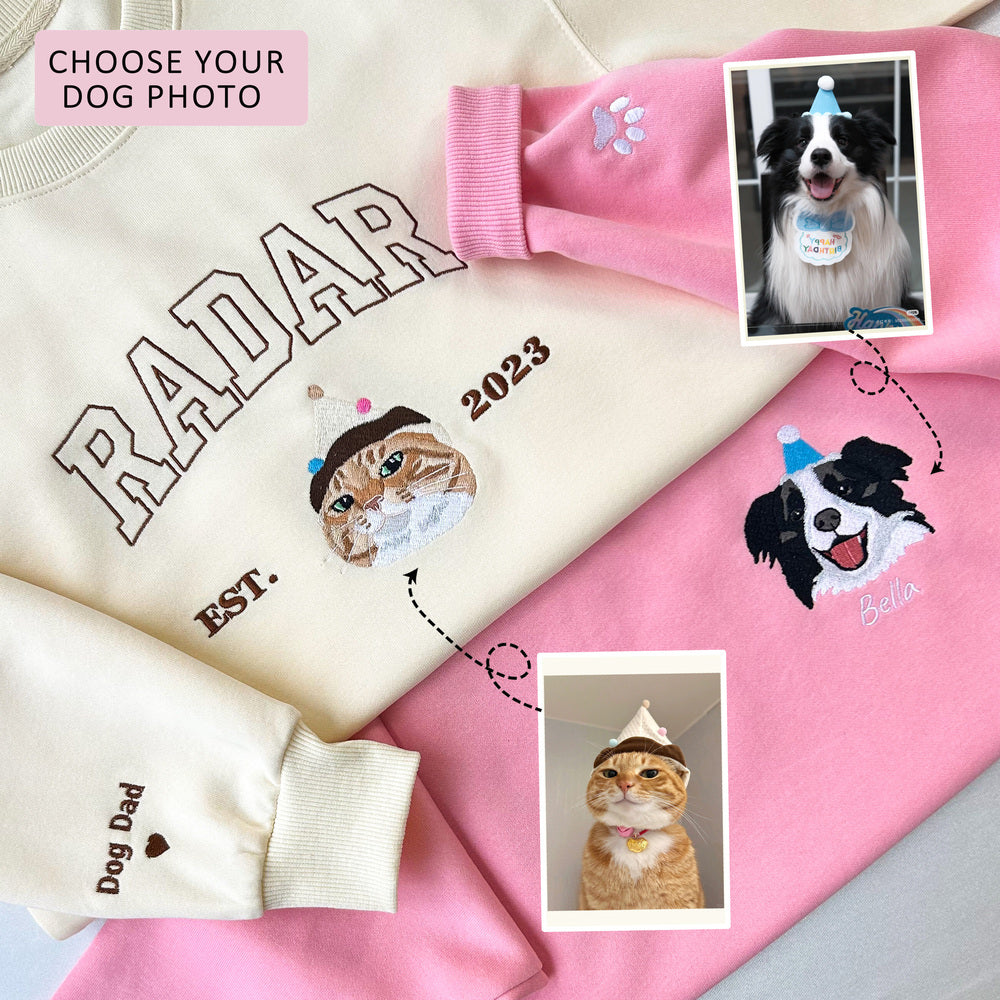 Custom Pet Face Embroidered Sweatshirt / Hoodie – Personalized Dog & Cat Portrait from Photo, Pet Lover Gift