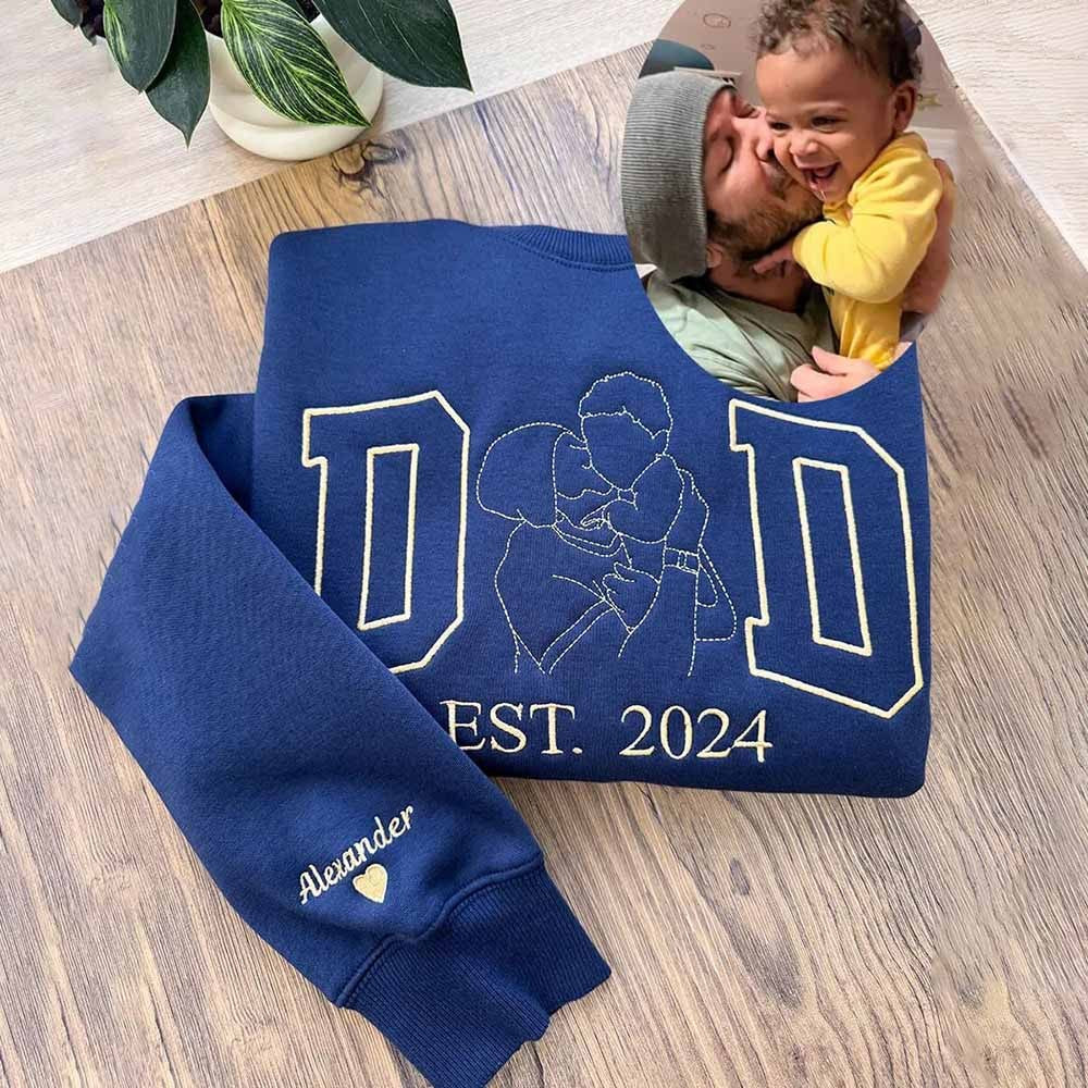 Individuelles Papa-Porträt, besticktes T-Shirt & Hoodie – Personalisierte Fotokontur zum Vatertag oder Geburtstag