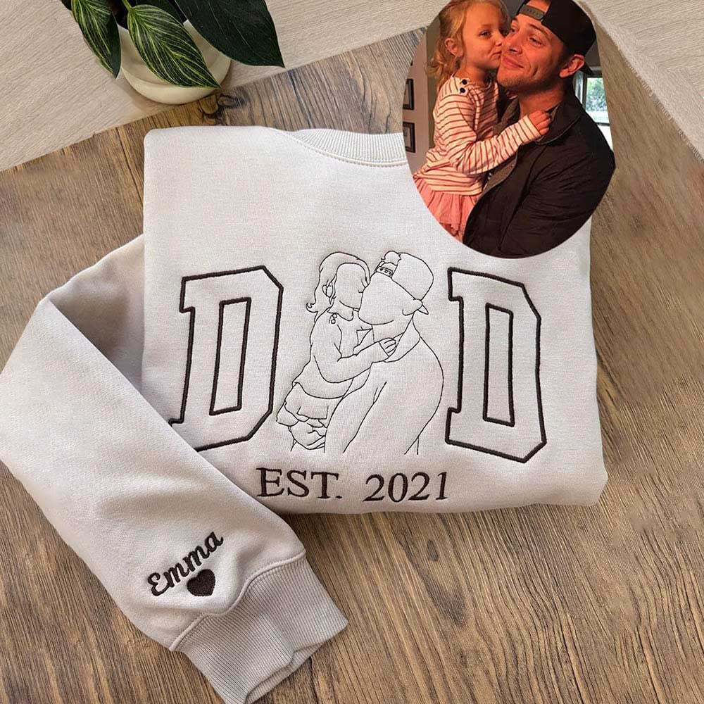 Individuelles Papa-Porträt, besticktes T-Shirt & Hoodie – Personalisierte Fotokontur zum Vatertag oder Geburtstag