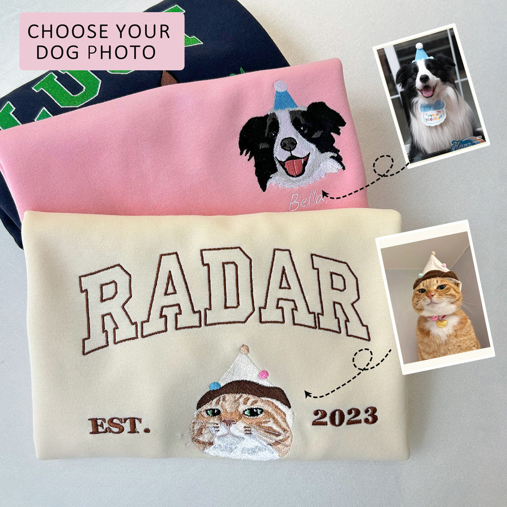 Custom Pet Face Embroidered Sweatshirt / Hoodie – Personalized Dog & Cat Portrait from Photo, Pet Lover Gift