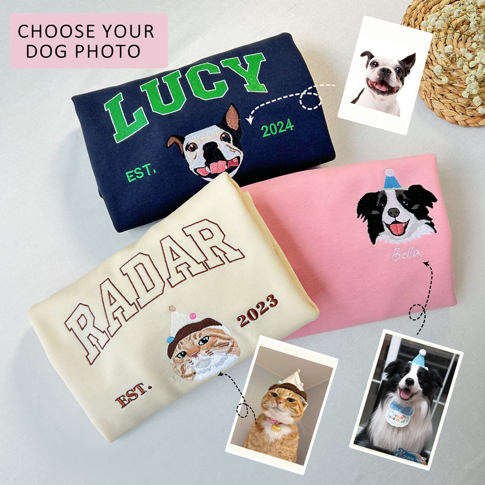 Custom Pet Face Embroidered Sweatshirt / Hoodie – Personalized Dog & Cat Portrait from Photo, Pet Lover Gift