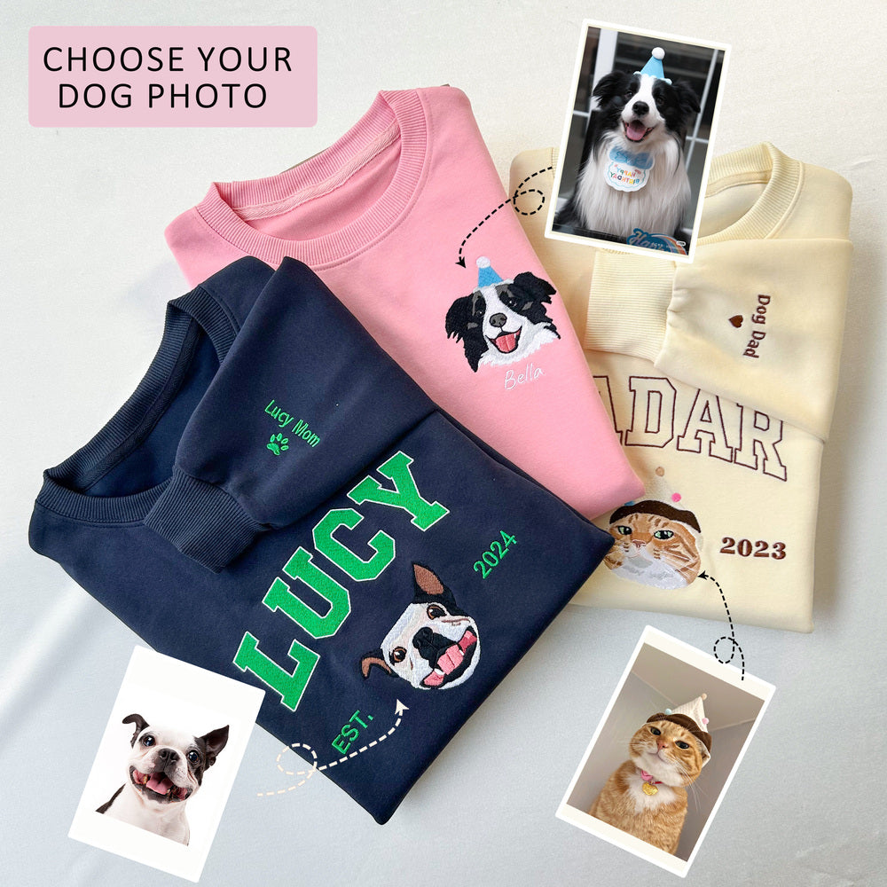 Custom Pet Face Embroidered Sweatshirt / Hoodie – Personalized Dog & Cat Portrait from Photo, Pet Lover Gift