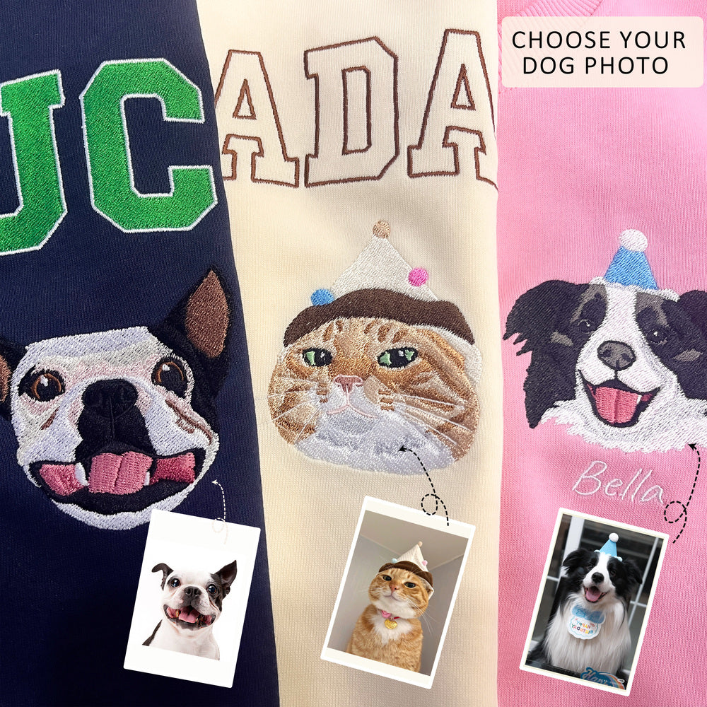 Custom Pet Face Embroidered Sweatshirt / Hoodie – Personalized Dog & Cat Portrait from Photo, Pet Lover Gift