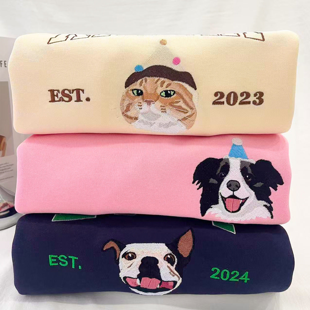 Custom Pet Face Embroidered Sweatshirt / Hoodie – Personalized Dog & Cat Portrait from Photo, Pet Lover Gift