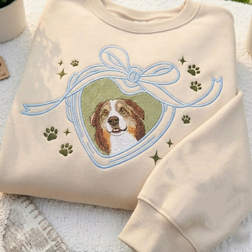 Vintage Locket Pet Portrait Sweatshirt – Personalized Dog, Cat, Horse & Any Pet Photo Crewneck with Coquette Bow