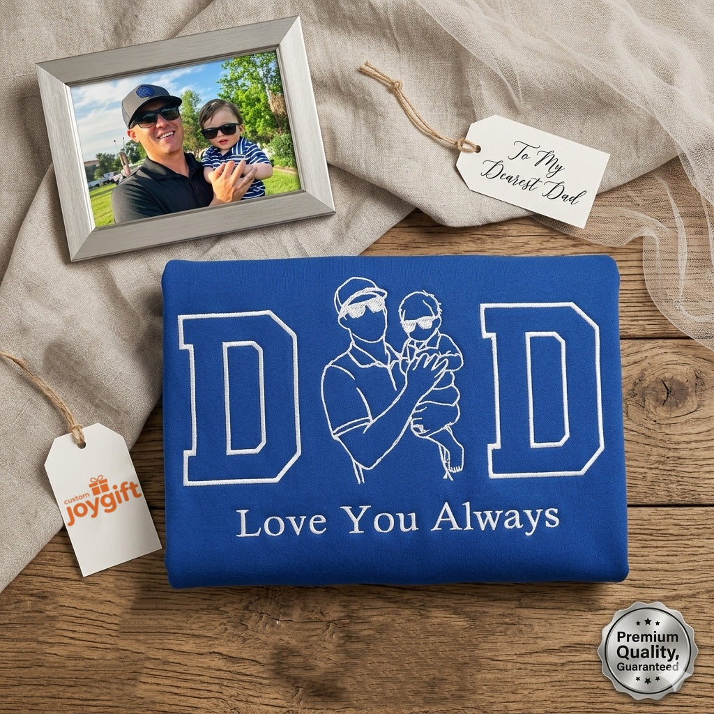 Custom Dad Portrait Embroidered T-Shirt & Hoodie – Personalized Photo Outline for Father’s Day or Birthday