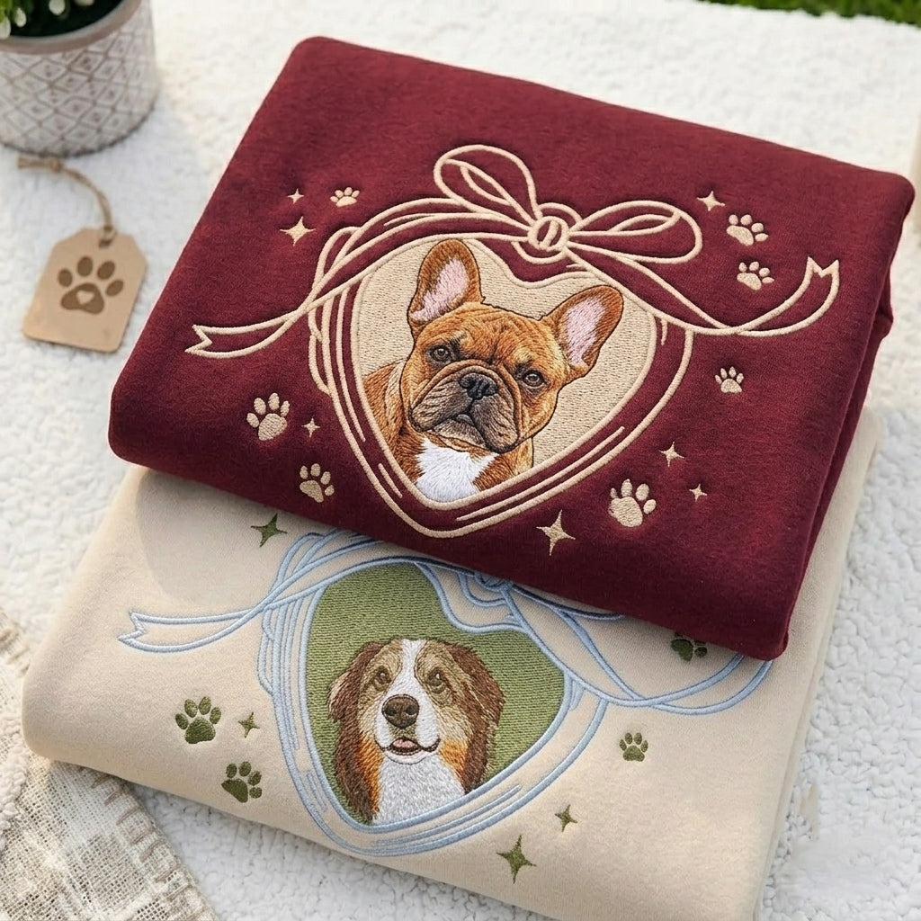 Vintage Locket Pet Portrait Sweatshirt – Personalized Dog, Cat, Horse & Any Pet Photo Crewneck with Coquette Bow