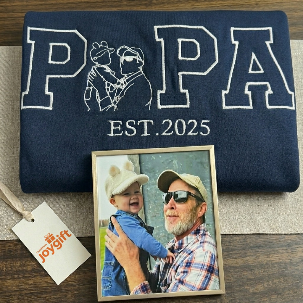 Custom Dad Portrait Embroidered T-Shirt & Hoodie – Personalized Photo Outline for Father’s Day or Birthday