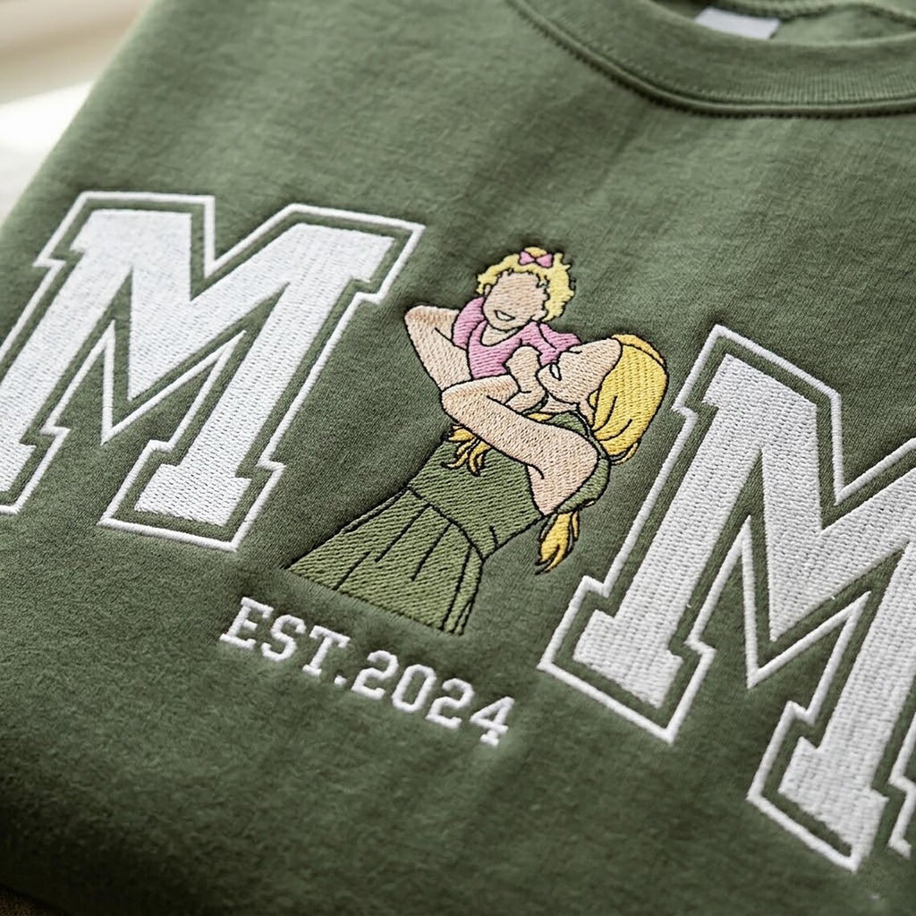 Sudadera Bordada Personalizada de Mamá – Sudadera con Capucha de Retrato de Foto Personalizado con Nombres de Niños en la Manga