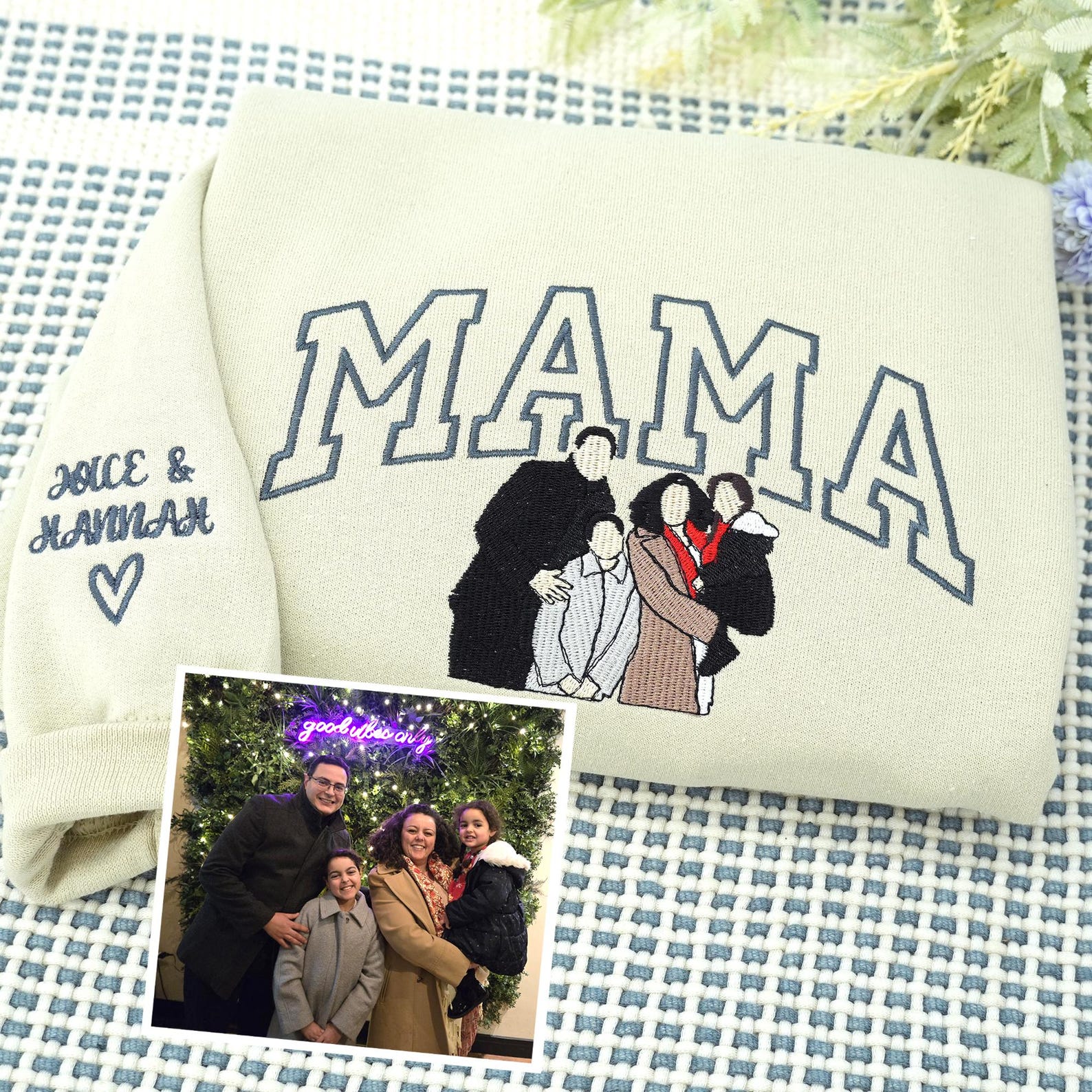 Custom Embroidered Mom Sweatshirt – Personalized Photo Portrait Hoodie, Perfect Gift for Mom