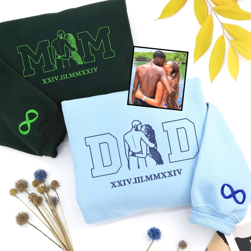 Family, Stitched in Every Line - Embroidered Family Portrait Hoodie & Sweatshirt – Custom Line Art from Photo, Personalized Gift for Mom & Dad