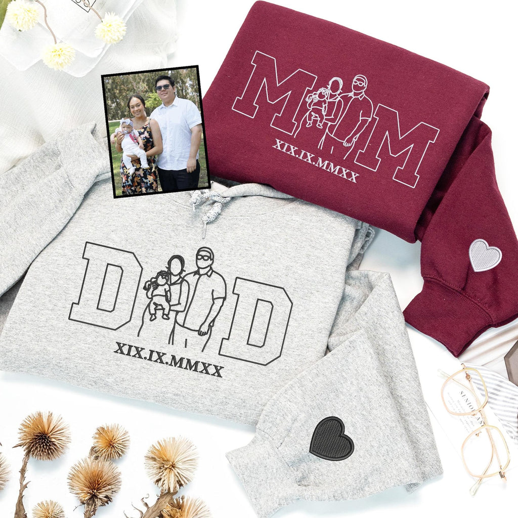 Family, Stitched in Every Line - Embroidered Family Portrait Hoodie & Sweatshirt – Custom Line Art from Photo, Personalized Gift for Mom & Dad