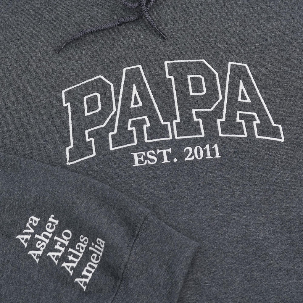 Custom Embroidered Papa EST Sweatshirt – Personalized Dad & Grandpa Hoodie with Kids’ Names on Sleeve