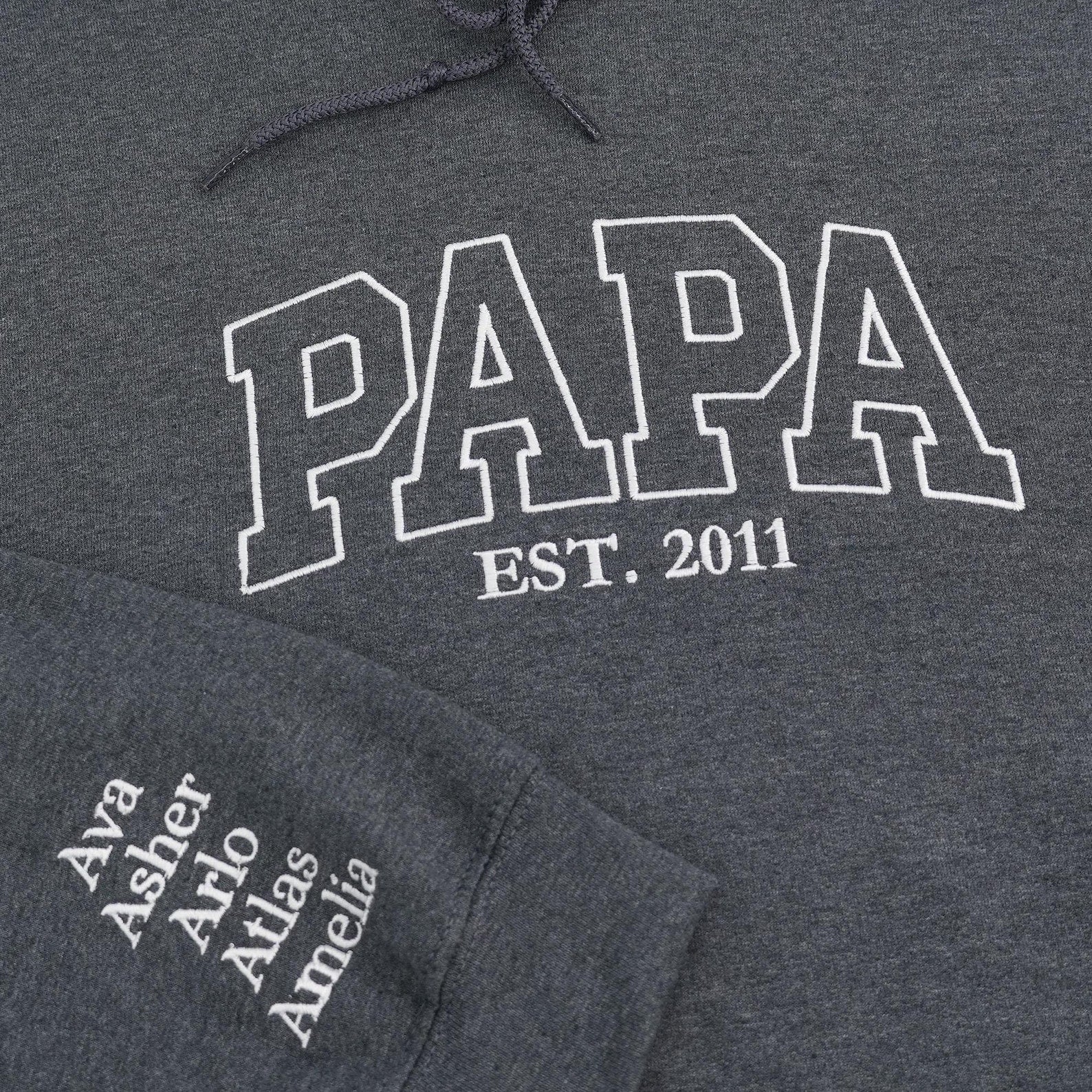 Custom Embroidered Papa EST Sweatshirt – Personalized Dad & Grandpa Hoodie with Kids’ Names on Sleeve