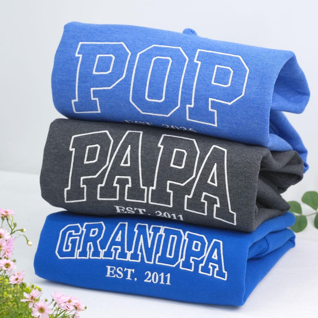 Custom Embroidered Papa EST Sweatshirt – Personalized Dad & Grandpa Hoodie with Kids’ Names on Sleeve
