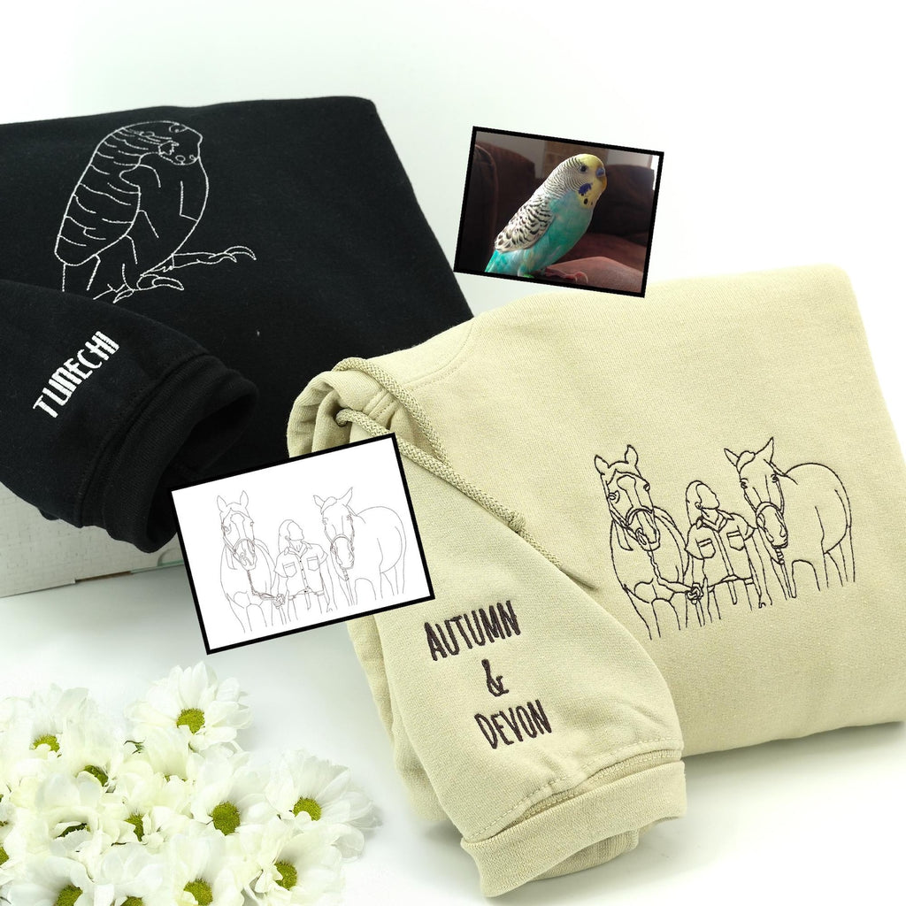 🐶🐱🐦🐴 Sudadera y Sudadera con Capucha Bordada de Mascota Personalizada – Arte Lineal Personalizado a Partir de Foto, Perros, Gatos, Aves, Caballos y Cualquier Animal