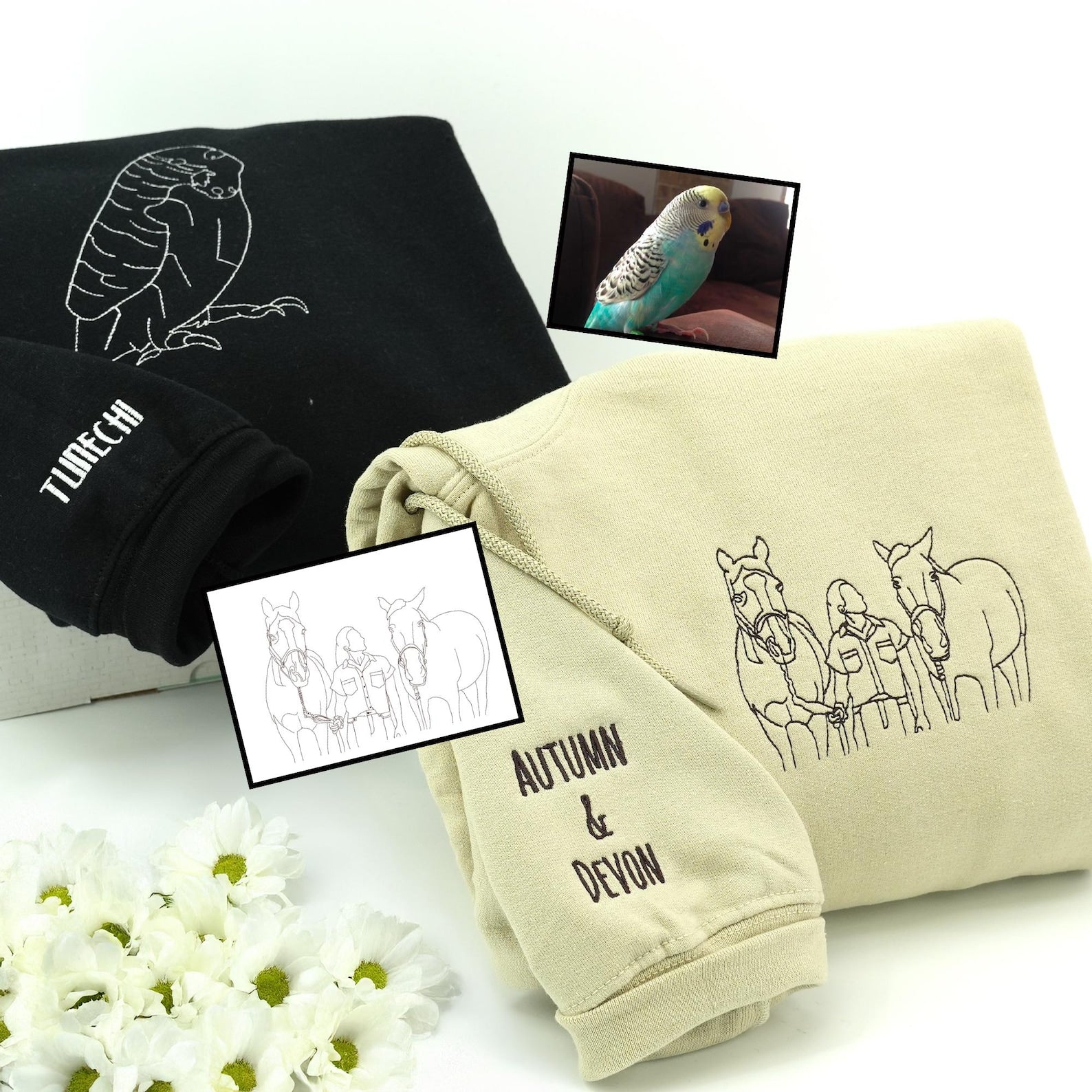 🐶🐱🐦🐴 Besticktes Haustier-Sweatshirt & Hoodie nach Maß – personalisierte Strichzeichnung vom Foto, Hunde, Katzen, Vögel, Pferde & jedes Tier
