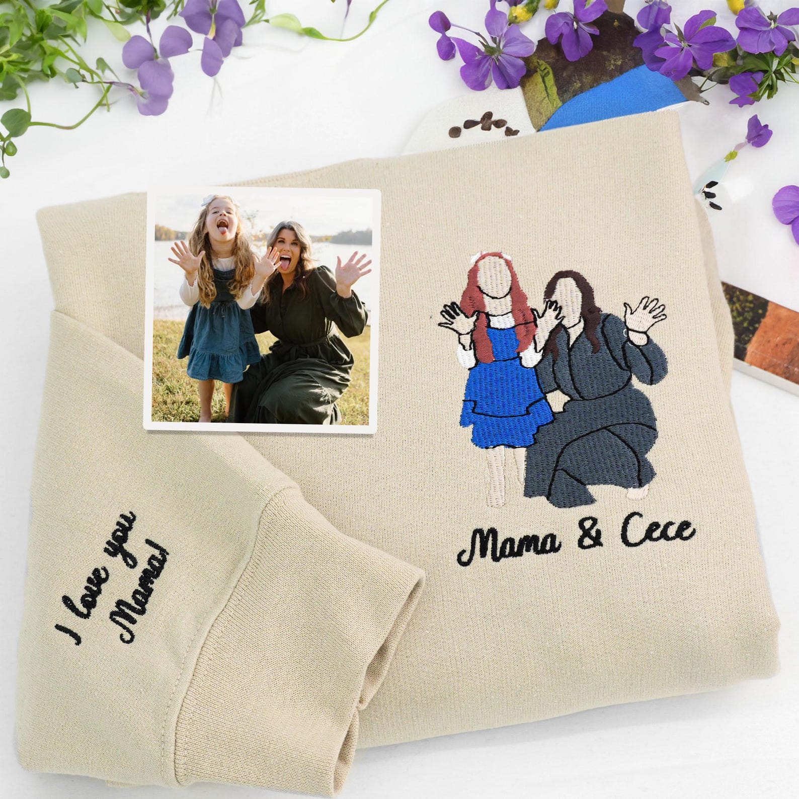 Her Favorite People, Forever Close - Mama & Kids Custom Sweatshirt/Hoodie – Personalized Embroidered Portrait from Mom + Child Photo