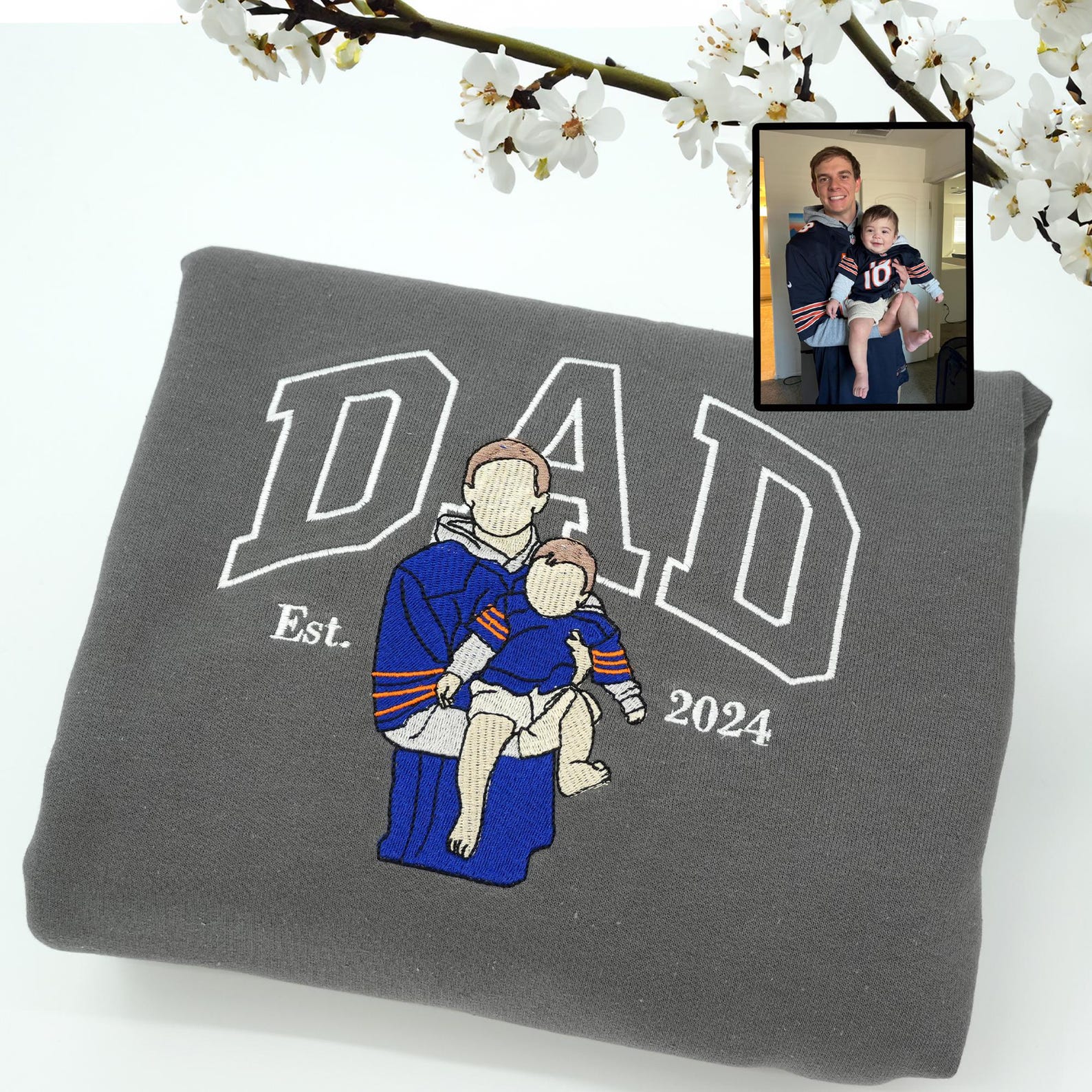 Custom Embroidered Papa/Papi/Papá/Dad Sweatshirt & Hoodie – Personalized Father & Child Photo Gift