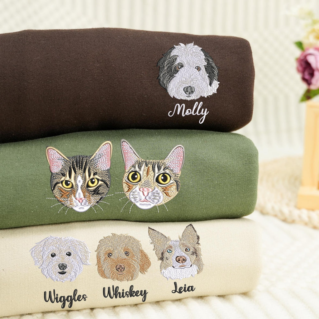 Personalisiertes Sweatshirt mit gesticktem Hundegesicht – Haustierporträt nach Foto, Hunde- & Katzenpullover, Haustier-Gedenkgeschenk für Mama