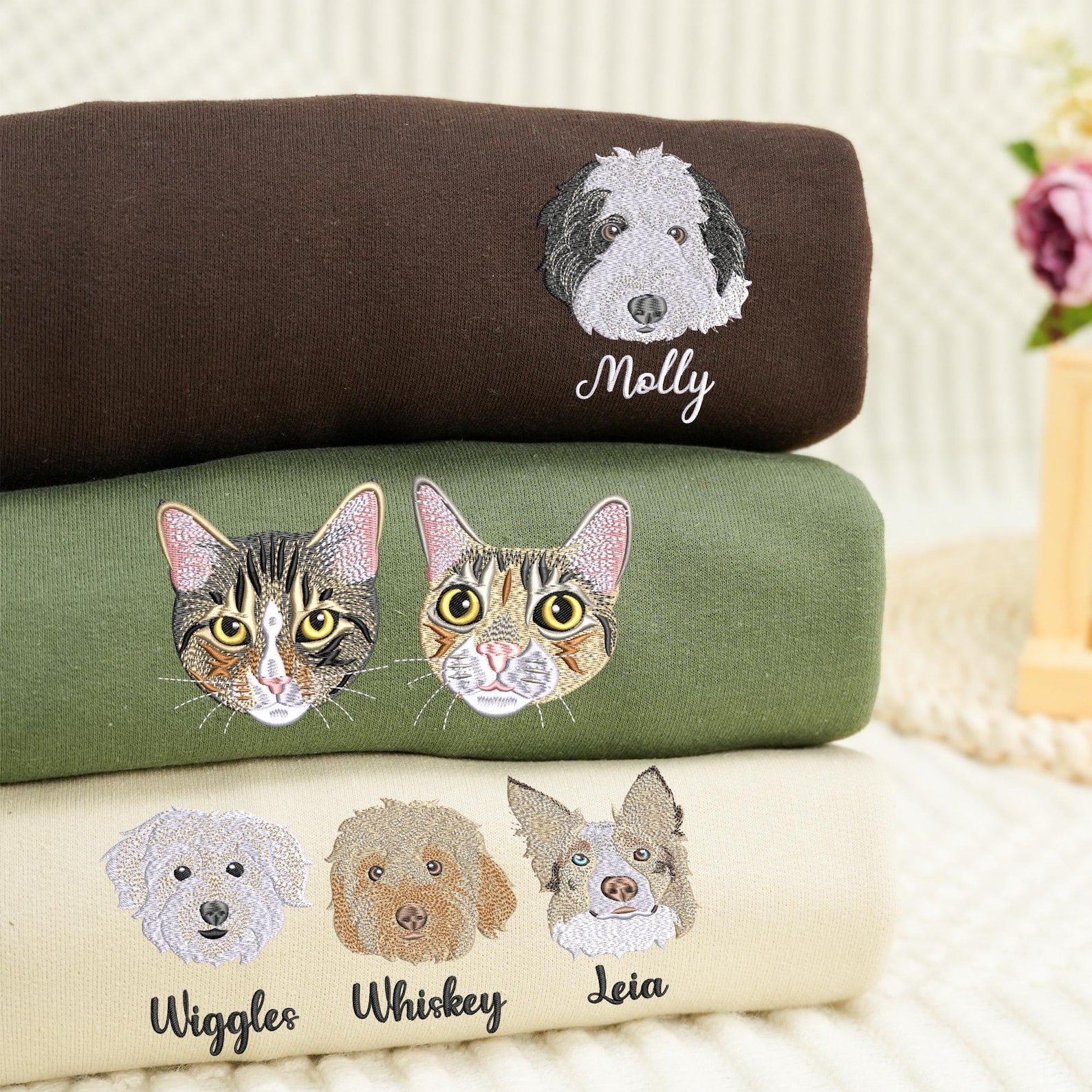 Custom Dog Face Embroidered Sweatshirt – Personalized Pet Portrait from Photo, Dog & Cat Sweater, Pet Memorial Gift for Mom
