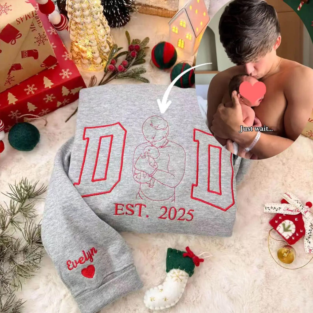 Camiseta y Sudadera Bordada de Retrato de Papá Personalizada – Contorno de Foto Familiar Personalizado