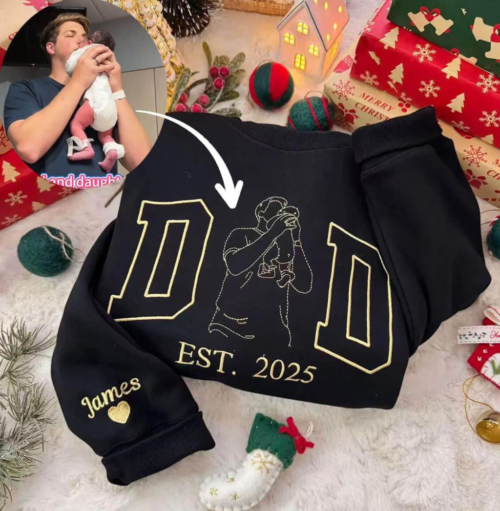 Camiseta y Sudadera Bordada de Retrato de Papá Personalizada – Contorno de Foto Familiar Personalizado