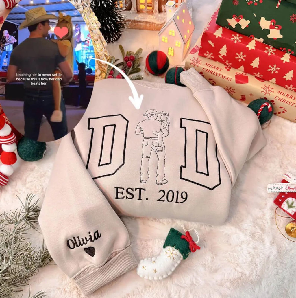 Camiseta y Sudadera Bordada de Retrato de Papá Personalizada – Contorno de Foto Familiar Personalizado