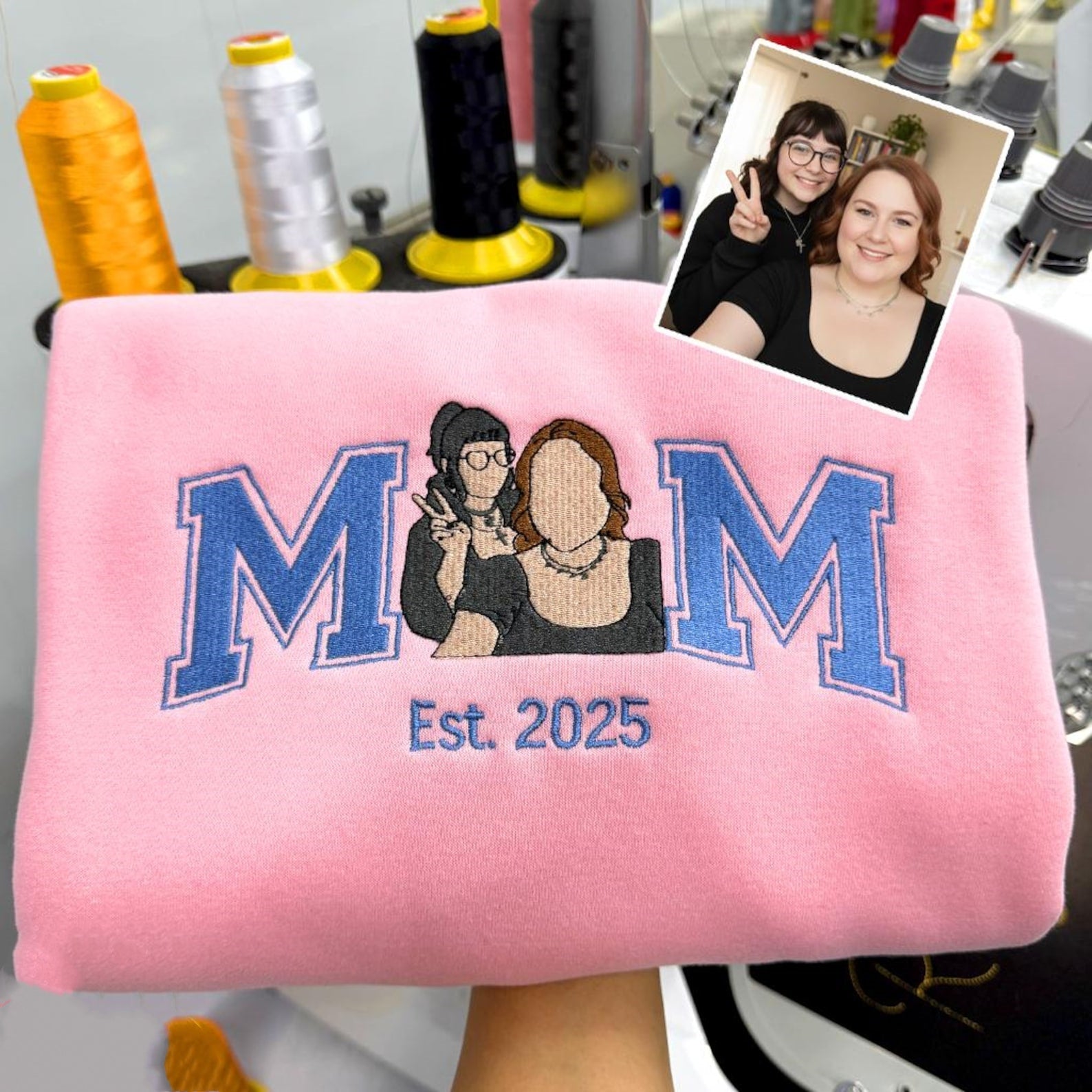 Custom Embroidered Mom Sweatshirt – Personalized Photo Portrait Hoodie with Kids’ Names on Sleeve