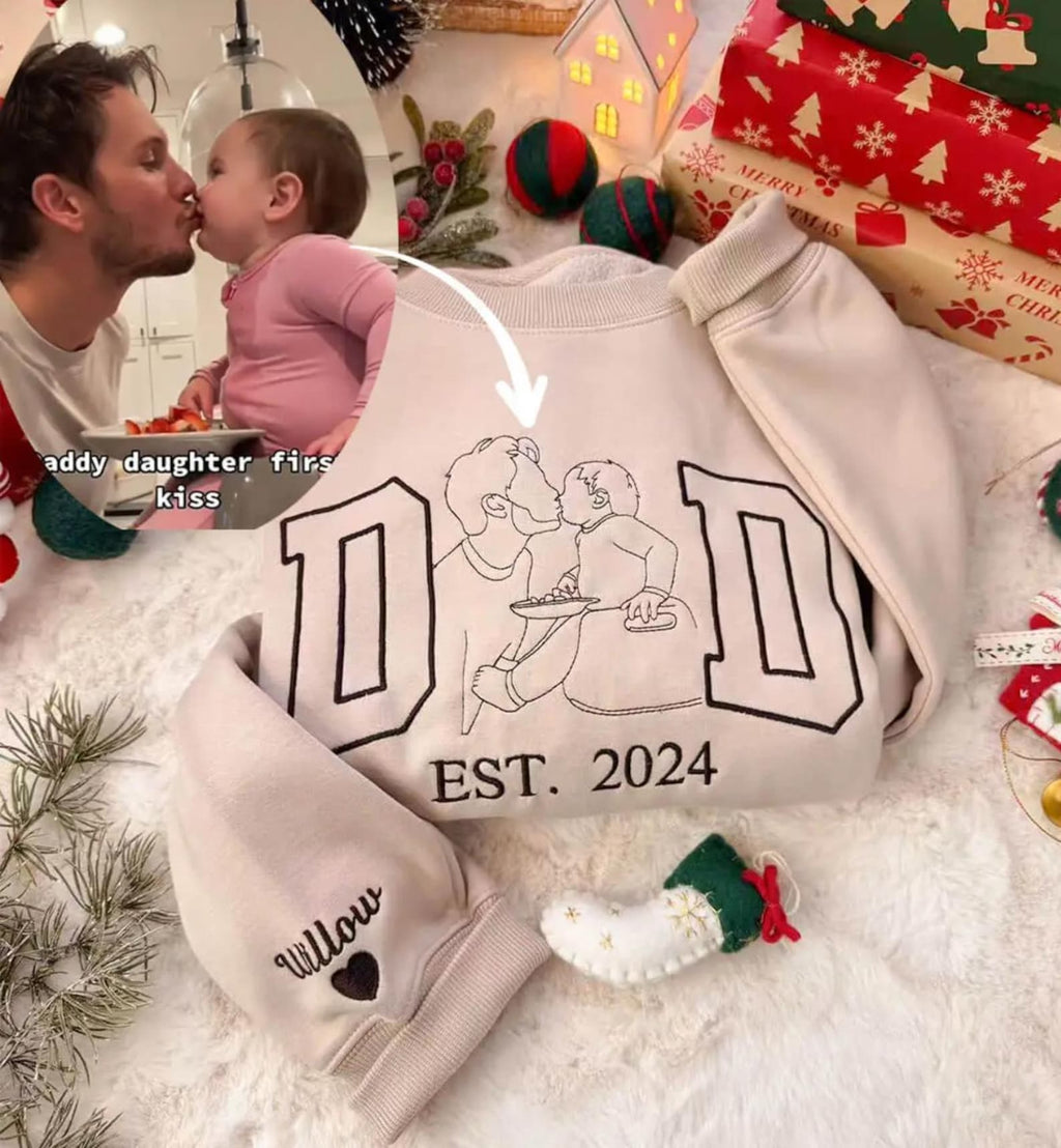 Camiseta y Sudadera Bordada de Retrato de Papá Personalizada – Contorno de Foto Familiar Personalizado