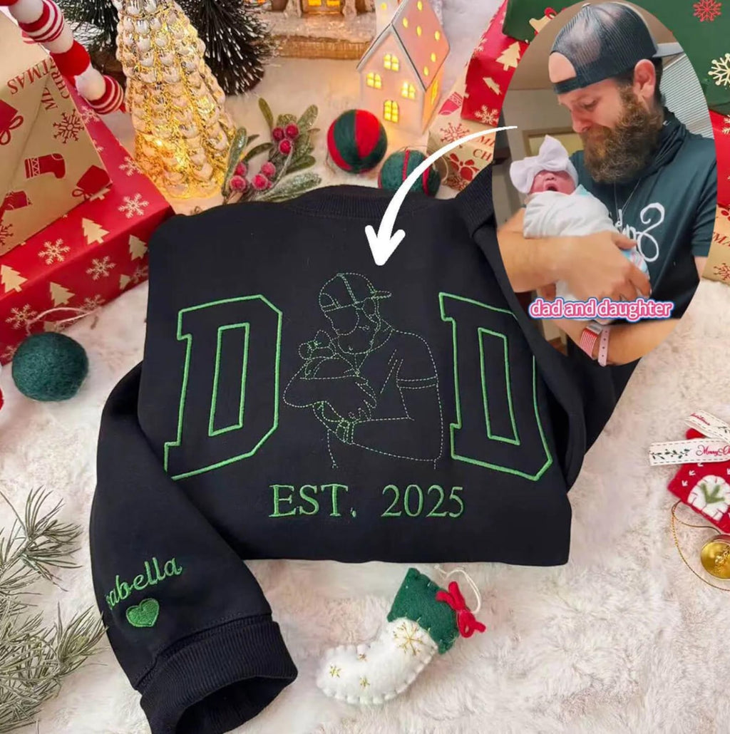 Camiseta y Sudadera Bordada de Retrato de Papá Personalizada – Contorno de Foto Familiar Personalizado
