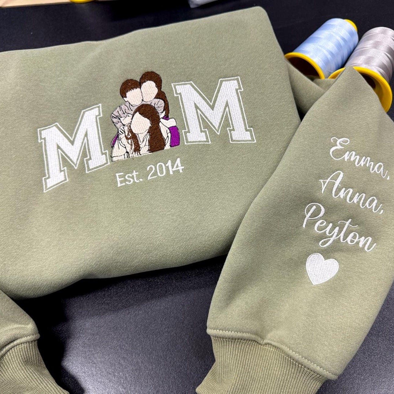 Custom Embroidered Mom Sweatshirt – Personalized Photo Portrait Hoodie with Kids’ Names on Sleeve