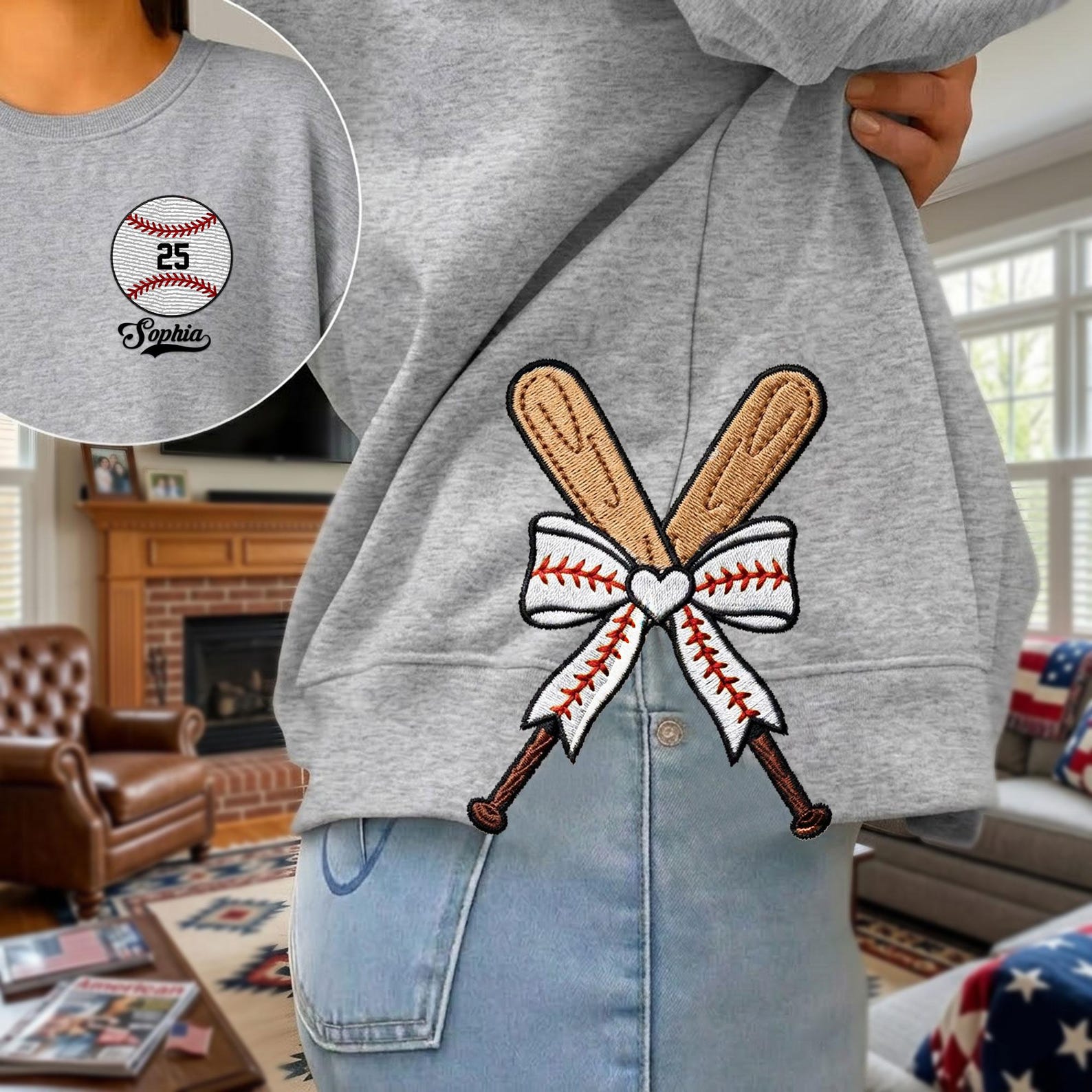 Personalized Baseball Side Bow Cut-Out Sweatshirt – Custom Name & Number, Cute Coquette Bow Design