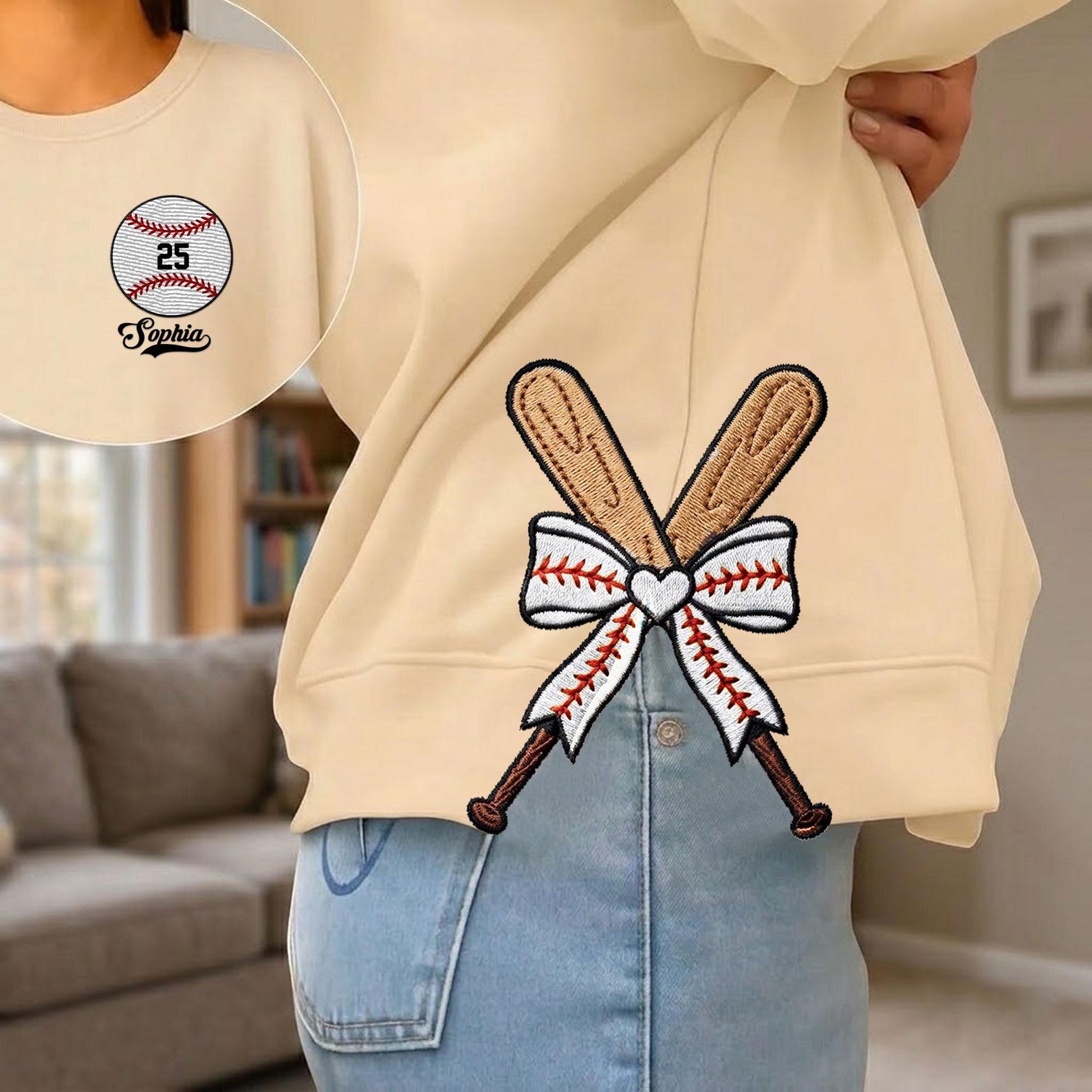 Personalized Baseball Side Bow Cut-Out Sweatshirt – Custom Name & Number, Cute Coquette Bow Design