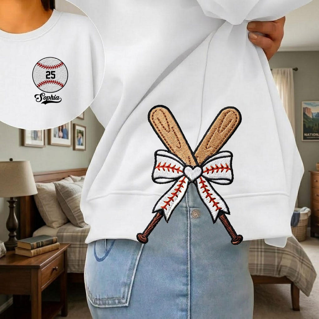 Personalized Baseball Side Bow Cut-Out Sweatshirt – Custom Name & Number, Cute Coquette Bow Design