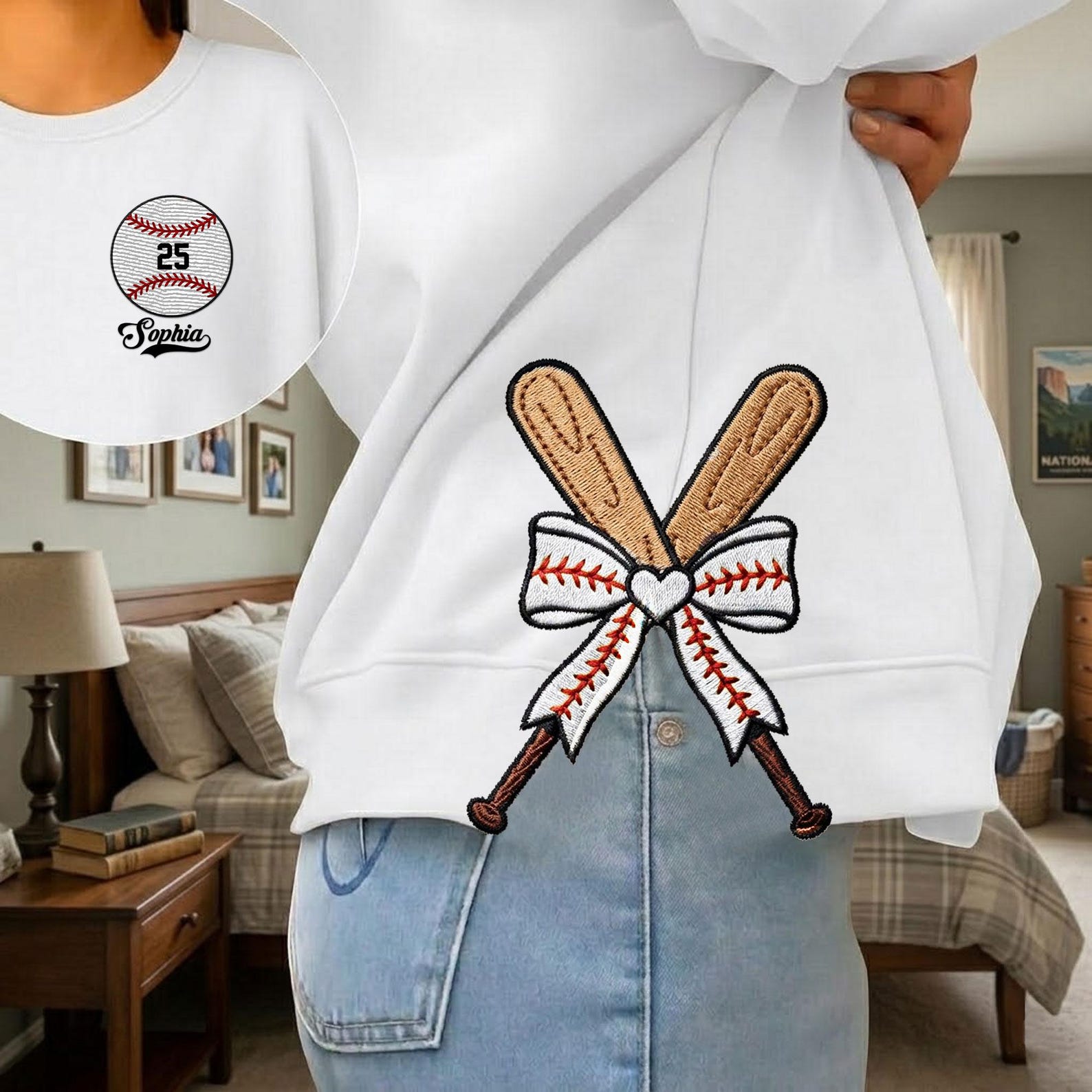 Personalized Baseball Side Bow Cut-Out Sweatshirt – Custom Name & Number, Cute Coquette Bow Design
