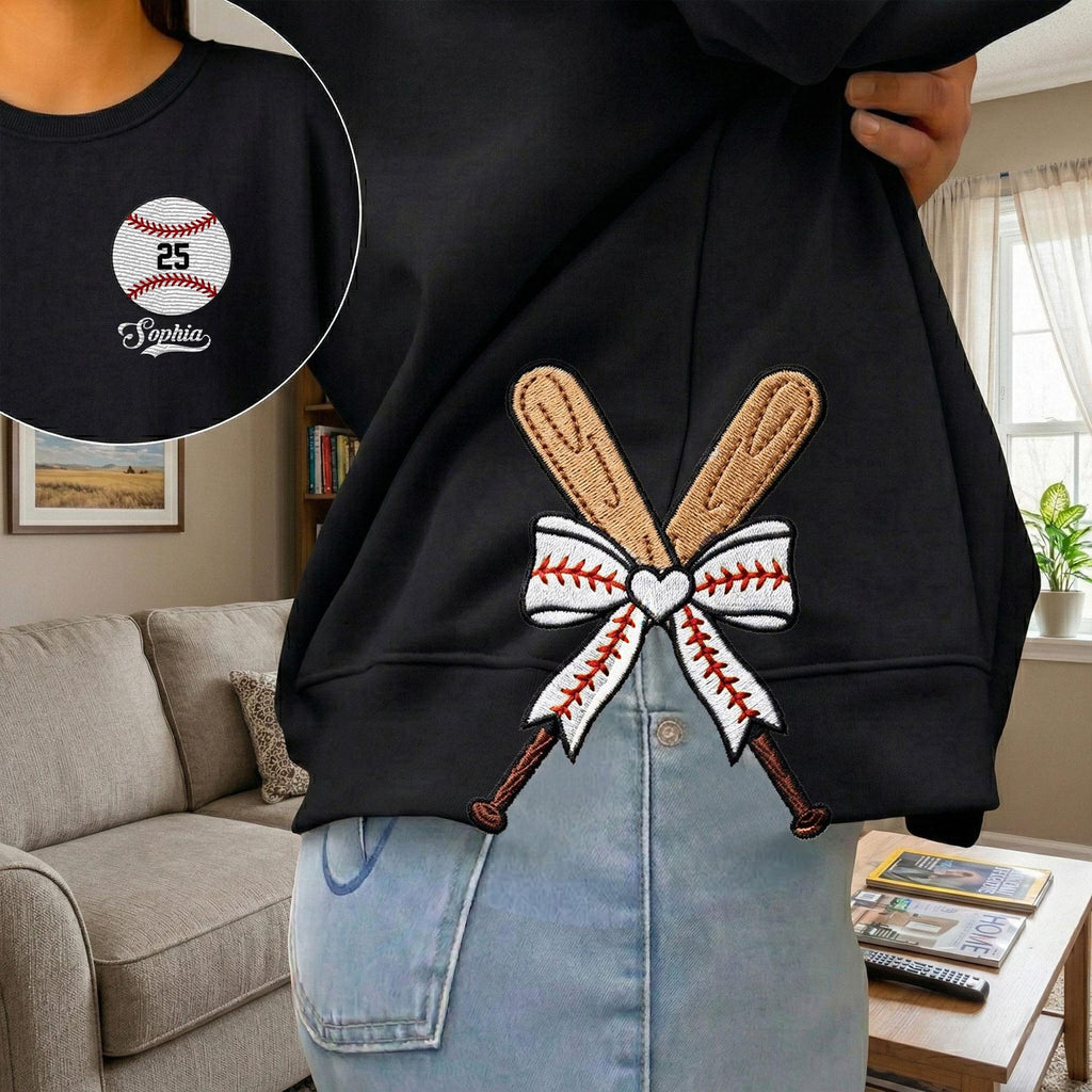 Personalized Baseball Side Bow Cut-Out Sweatshirt – Custom Name & Number, Cute Coquette Bow Design