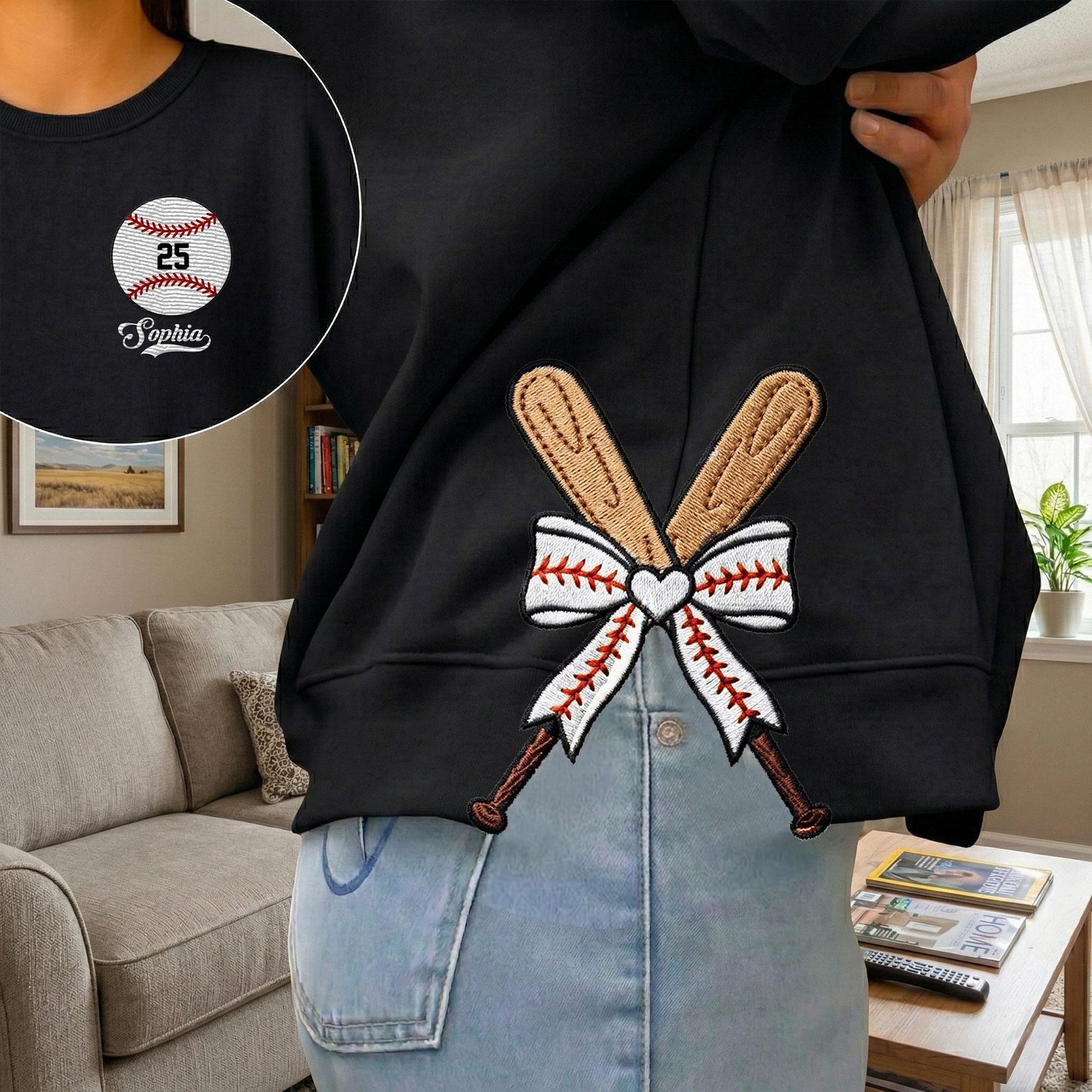 Personalized Baseball Side Bow Cut-Out Sweatshirt – Custom Name & Number, Cute Coquette Bow Design