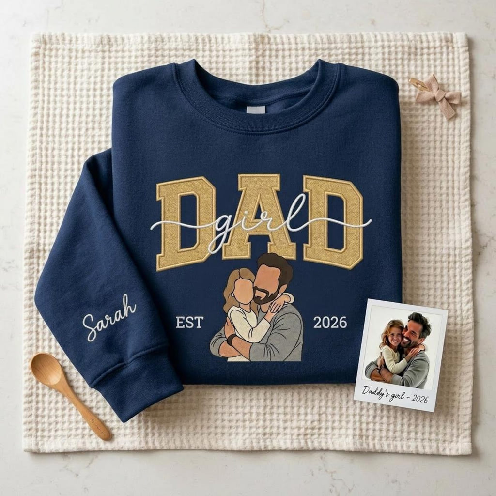 Personalized Photo to Embroidery Sweatshirt – Dad & Daughter Portrait, Custom Husband Gift, Girl Dad Shirt