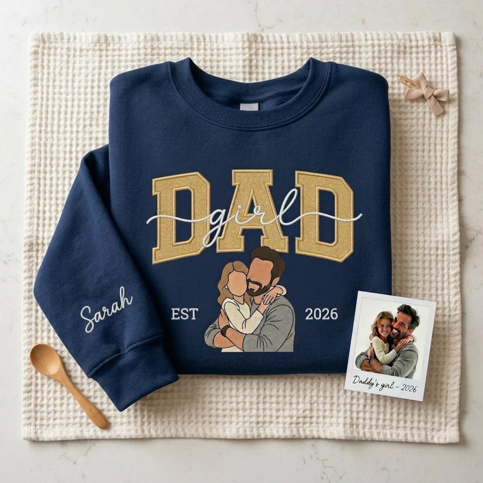 Personalized Photo to Embroidery Sweatshirt – Dad & Daughter Portrait, Custom Husband Gift, Girl Dad Shirt