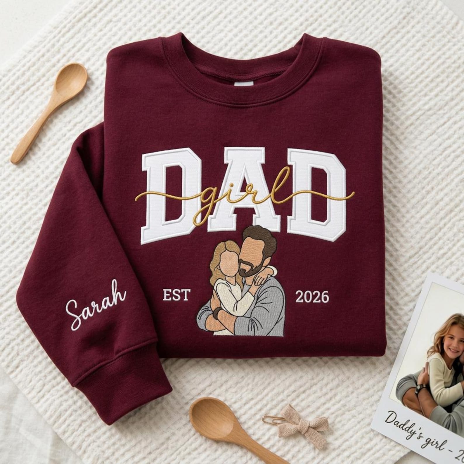 Personalized Photo to Embroidery Sweatshirt – Dad & Daughter Portrait, Custom Husband Gift, Girl Dad Shirt
