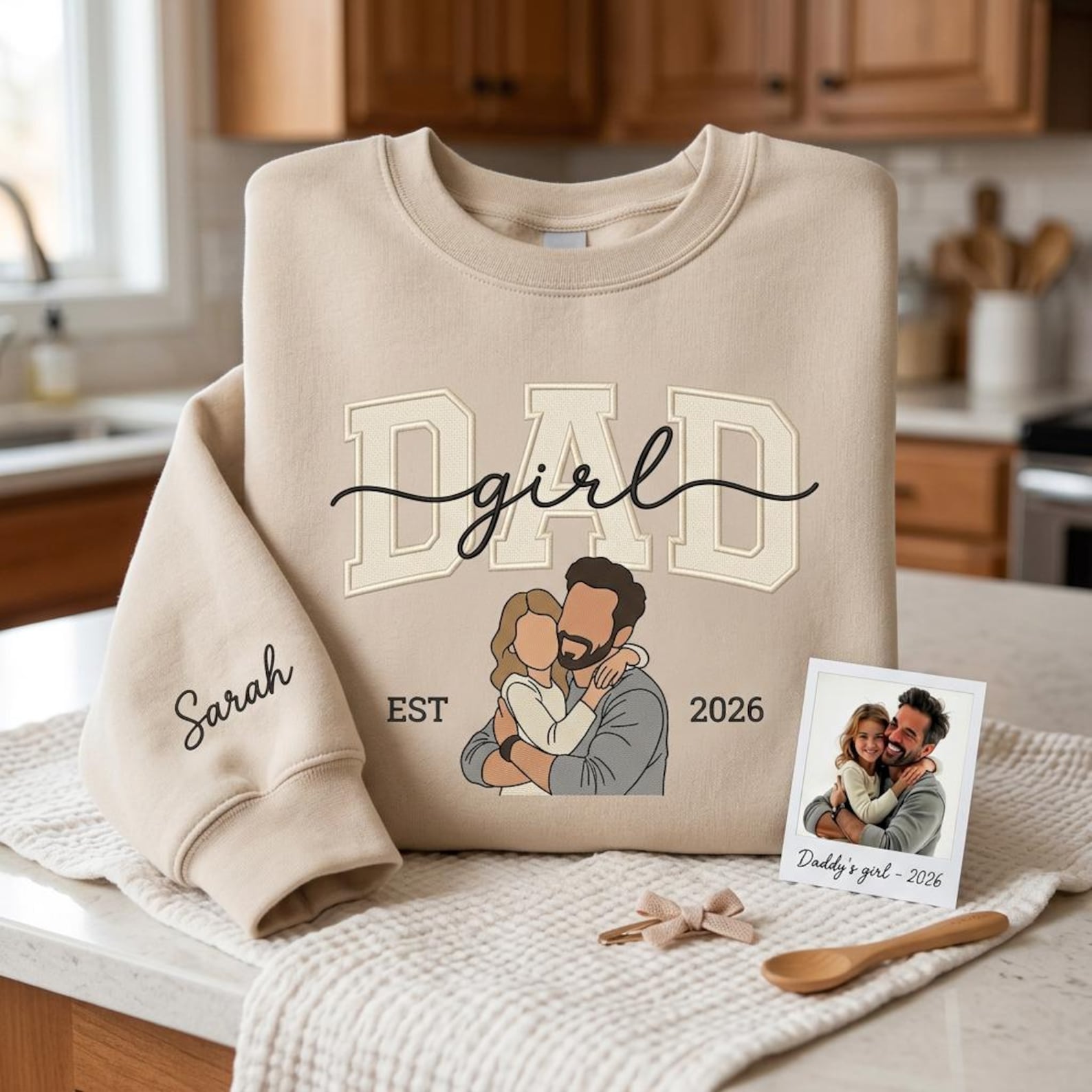 Personalized Photo to Embroidery Sweatshirt – Dad & Daughter Portrait, Custom Husband Gift, Girl Dad Shirt