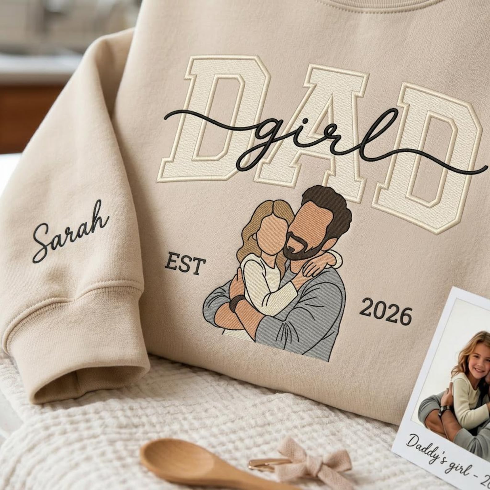 Personalized Photo to Embroidery Sweatshirt – Dad & Daughter Portrait, Custom Husband Gift, Girl Dad Shirt
