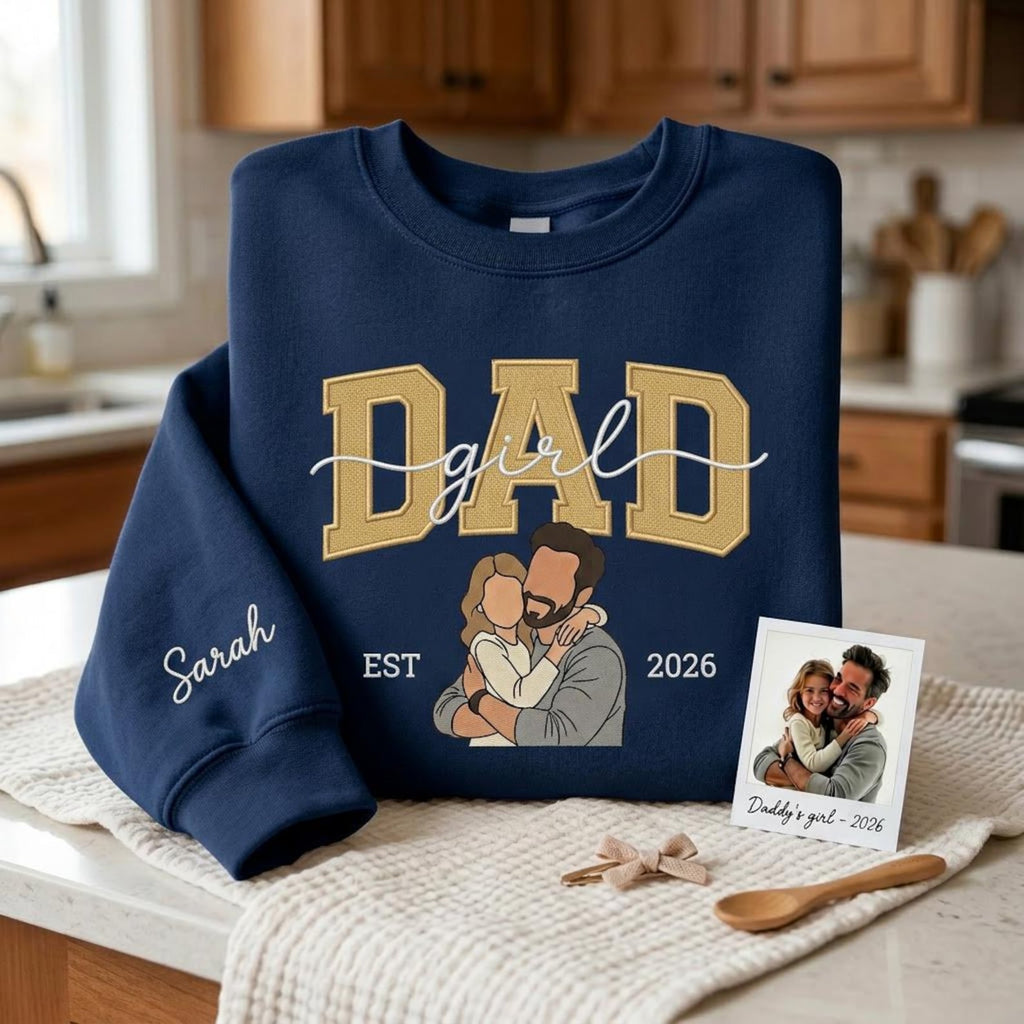 Personalized Photo to Embroidery Sweatshirt – Dad & Daughter Portrait, Custom Husband Gift, Girl Dad Shirt