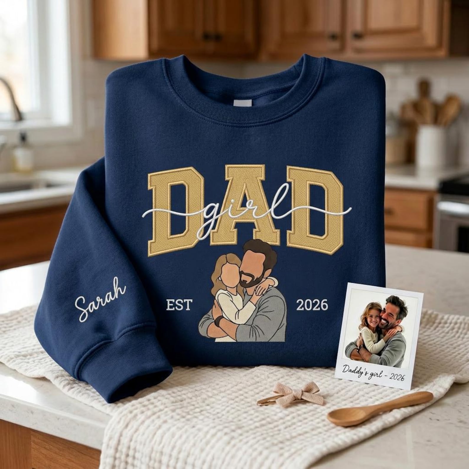 Personalized Photo to Embroidery Sweatshirt – Dad & Daughter Portrait, Custom Husband Gift, Girl Dad Shirt