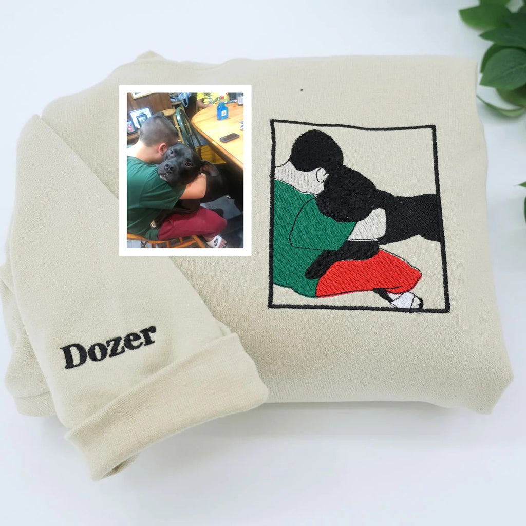 Sudadera y sudadera con capucha bordadas con retrato de mascota y dueño a todo color – Regalo único para amantes de las mascotas