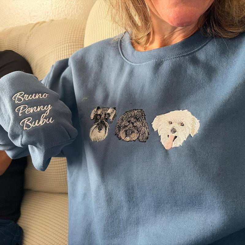 Bestickter Hoodie mit individuellem Hundegesicht – Personalisiertes Haustierporträt vom Foto, Hunde- & Katzen-Gedenk-Sweatshirt