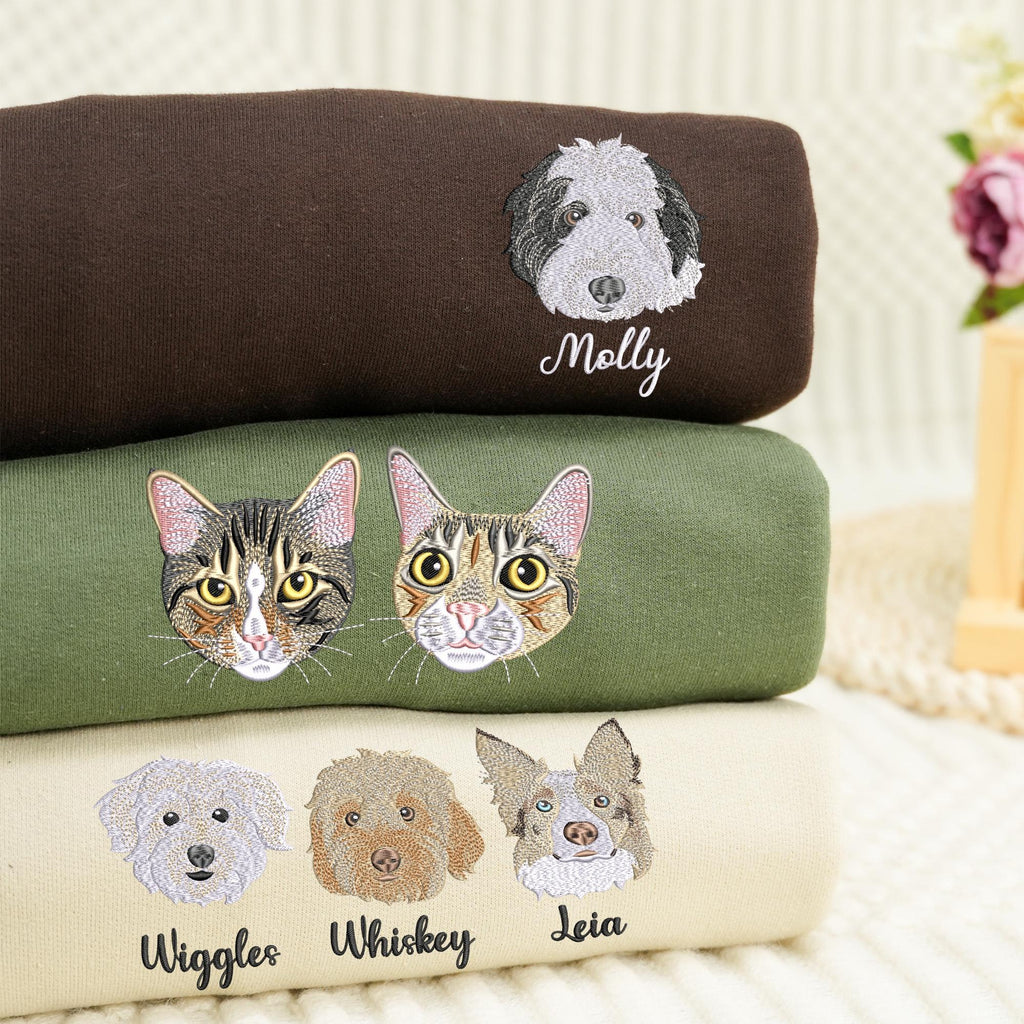 Bestickter Hoodie mit individuellem Hundegesicht – Personalisiertes Haustierporträt vom Foto, Hunde- & Katzen-Gedenk-Sweatshirt